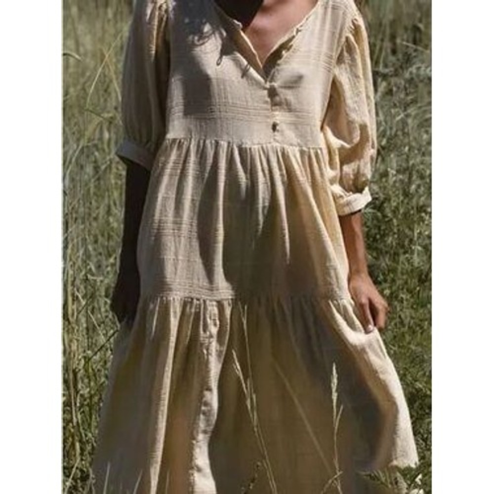 Daughters of India Ela Maxi Dress in Chamomile Beige Gauze Cotton Tiered Small